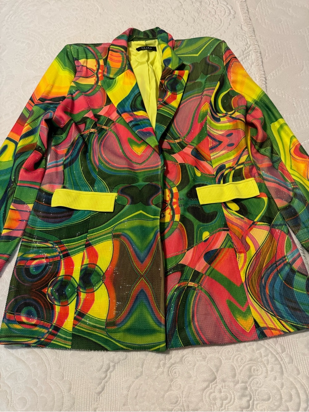 AKIRA Multicolor Swirl Print Blazer with Yellow Trim
